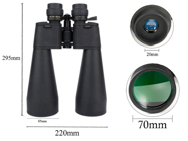 Binoculars with detailed measurements on a white background