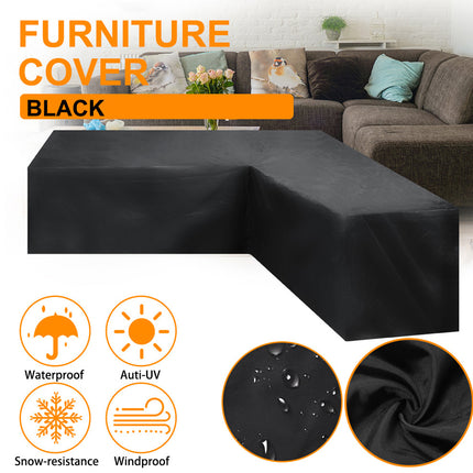 Black L-shaped sectional sofa cover shown on a chaise lounge in a living room setting, with text reading 'FURNITURE COVER BLACK' and feature icons for waterproof, anti-UV, snow-resistance, and windproof.