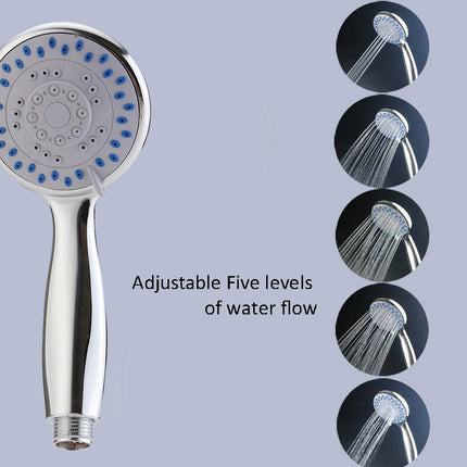 Chrome shower head with adjustable water flow options on a gray background