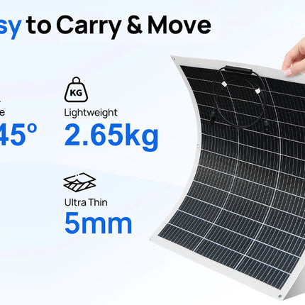 A flexible solar panel being held by a hand, with marketing text on a light background. The panel is dark gray/black with a white border and grid lines, and the text highlights its curved shape at 245 degrees, lightweight weight of 2.
