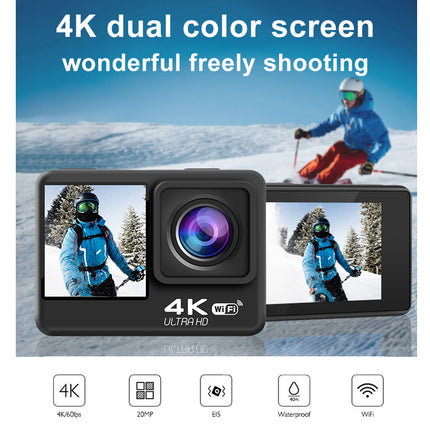 Action camera with dual color screen feature, used by skiers in a snowy landscape.
