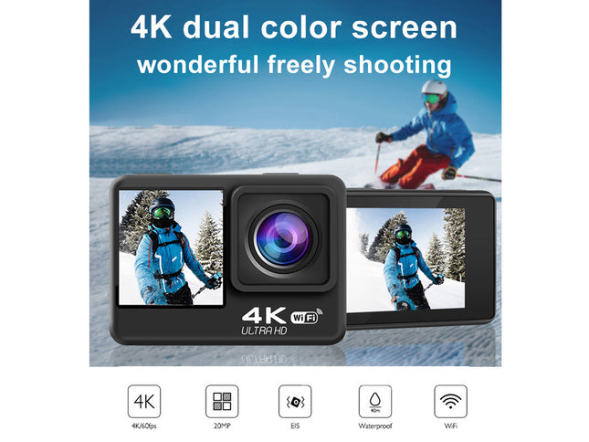 Action camera with dual color screen feature, used by skiers in a snowy landscape.