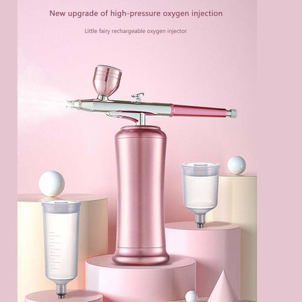 A pink and silver high-pressure oxygen atomizer machine displayed on a pink pedestal with two white bottles, set against a soft pink background with promotional text at the top.