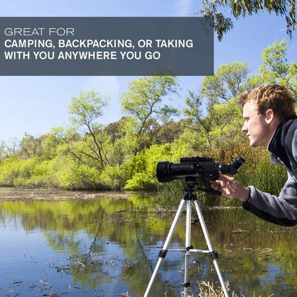 Person using a telescope on a tripod by a lake with text about its portability.