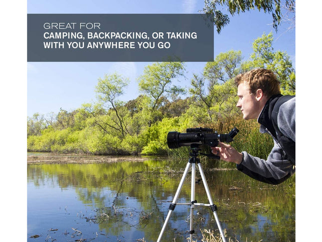 Person using a telescope on a tripod by a lake with text about its portability.