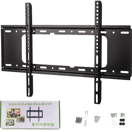 Black TV wall mount with packaging and accessories on a white background