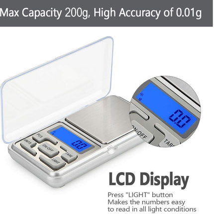 Digital pocket scale with LCD display and text indicating max capacity and accuracy