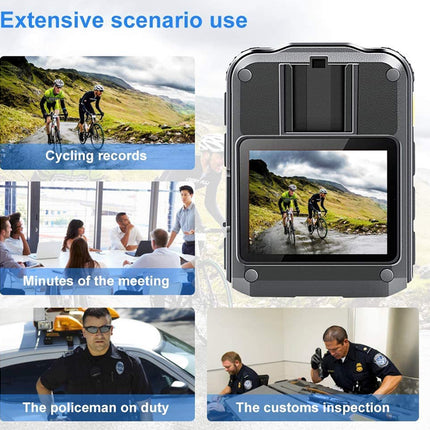Camera with display showing various use cases including cycling, meetings, and law enforcement.