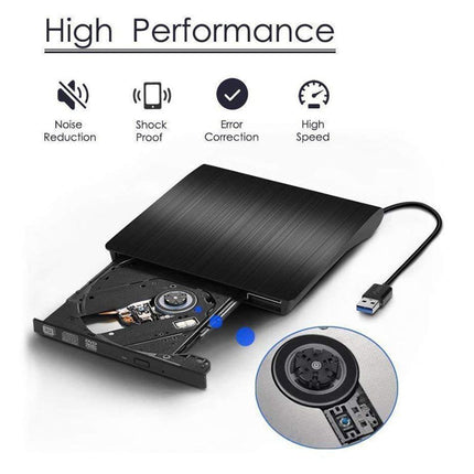 External DVD drive with features highlighted on a white background