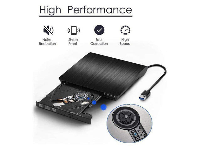 External DVD drive with features highlighted on a white background