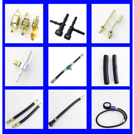 Collection of automotive parts on a blue grid background