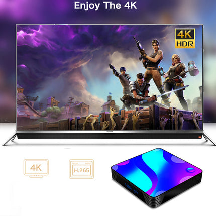 A 4K HDR television displaying a game scene, shown with a small black streaming box below it on a white background. Text at the top reads 'Enjoy The 4K', and icons below highlight 4K and H.