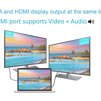Three computer monitors connected together to demonstrate multi-device display output, with text at the top stating 'VGA and HDMI display output at the same time HDMI port supports Video + Audio'.