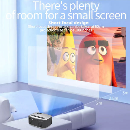 Projector displaying cartoon characters on a screen in a room with a sofa.