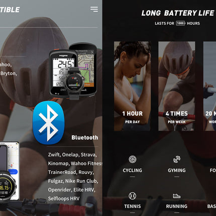 Product display with Bluetooth icon and fitness app interface on a dark background