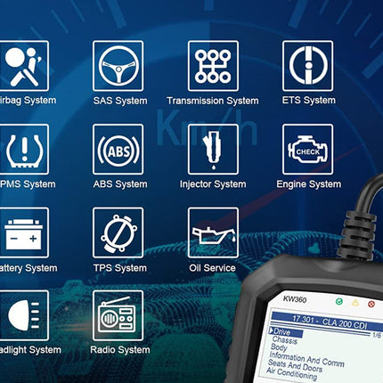Car diagnostic tool with system icons on a blue background