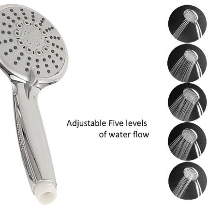 Silver shower head with adjustable water flow levels on a white background