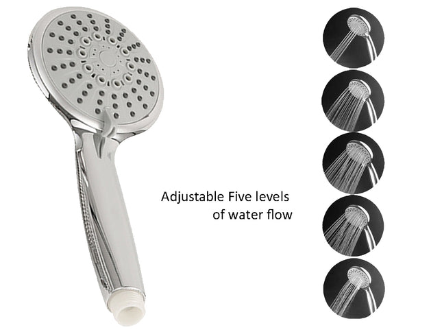 Silver shower head with adjustable water flow levels on a white background