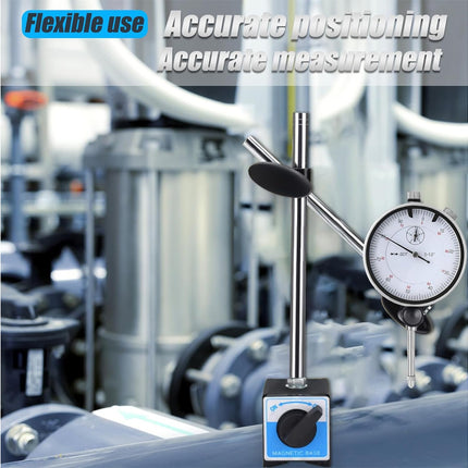 Dial indicator with text 'Flexible use' and 'Accurate positioning, accurate measurement' against a blurred industrial background.