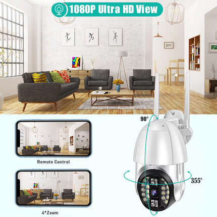 A promotional composite for a wireless security camera. The top half shows a furnished living room with a large window, sofa, chairs, and coffee table, with text reading '1080P Ultra HD View' and a teal camera icon.