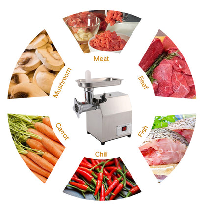 Food processor surrounded by images of various ingredients like mushrooms, carrots, meat, and chili.