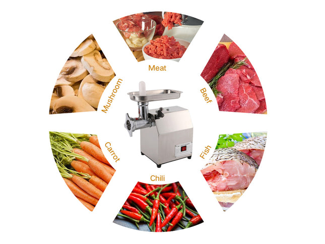 Food processor surrounded by images of various ingredients like mushrooms, carrots, meat, and chili.