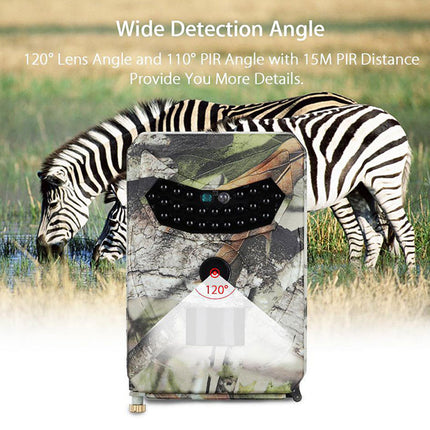 Camouflage-patterned device with zebra in the background, highlighting wide detection angles.