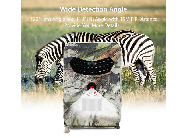 Camouflage-patterned device with zebra in the background, highlighting wide detection angles.