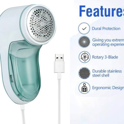 Grooming tool with USB cable on a white background, featuring text on its features.