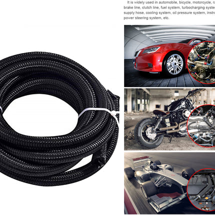 A coiled black braided hose on a white background, shown next to informational text and three inset photos of cars, motorcycles, and machinery with circled mechanical detail callouts.