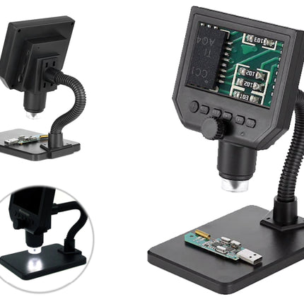 Black electronic microscope with a flexible gooseneck arm, display screen, and USB port on a stand, shown from multiple angles on a white background.