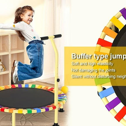 Child jumping on a colorful trampoline with text about its features.