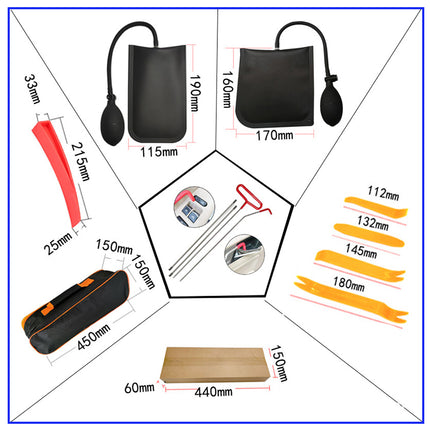 A product measurement diagram showing multiple parts of a blood pressure monitor set, including a black cuff, inflatable bulb, arm band, storage case, and wooden tabletop, with labeled dimensions in millimeters and centimeters.