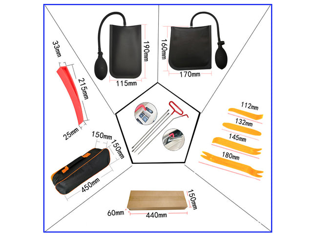 A product measurement diagram showing multiple parts of a blood pressure monitor set, including a black cuff, inflatable bulb, arm band, storage case, and wooden tabletop, with labeled dimensions in millimeters and centimeters.