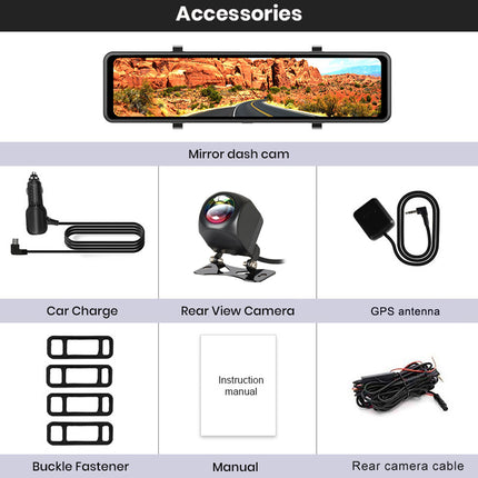 Collection of car accessories including a mirror dash cam, car charger, rear view camera, GPS antenna, buckle fastener, manual, and rear camera cable on a white background.