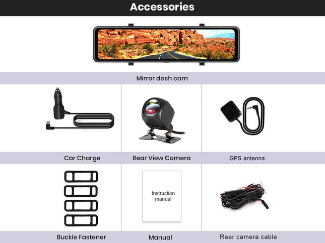 Collection of car accessories including a mirror dash cam, car charger, rear view camera, GPS antenna, buckle fastener, manual, and rear camera cable on a white background.