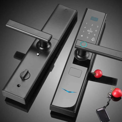 Digital door lock with keychain on a reflective surface