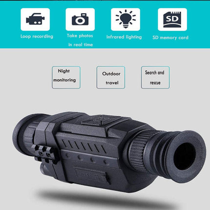 Black night vision device with features listed above on a gray background