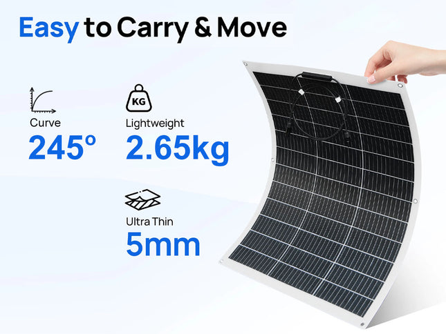 Flexible solar panel being held with specifications on a white background