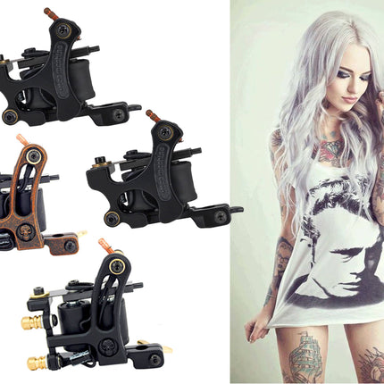 Collection of tattoo machines on a white background with a woman wearing a dress with a tattoo design.