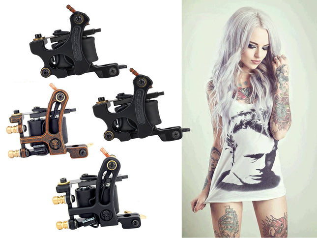 Collection of tattoo machines on a white background with a woman wearing a dress with a tattoo design.