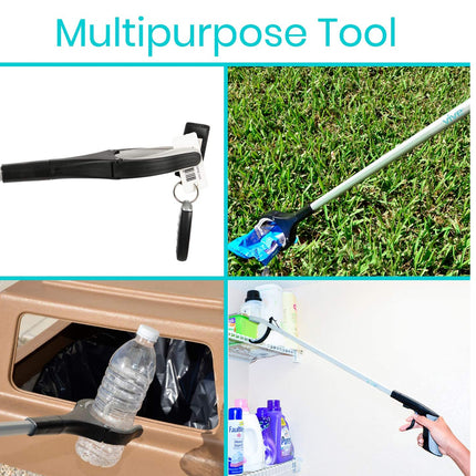 Collage of a multipurpose tool being used for various tasks including cleaning, trash removal, and grass cutting.