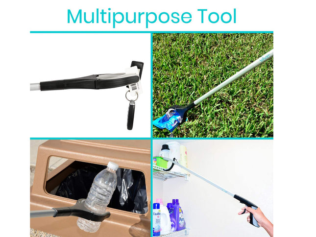 Collage of a multipurpose tool being used for various tasks including cleaning, trash removal, and grass cutting.