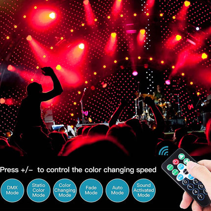 Remote control for color-changing lights with a concert setting in the background