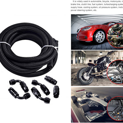 Black braided hose and fittings with automotive and motorcycle applications shown.