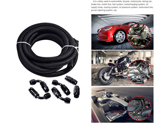 Black braided hose and fittings with automotive and motorcycle applications shown.