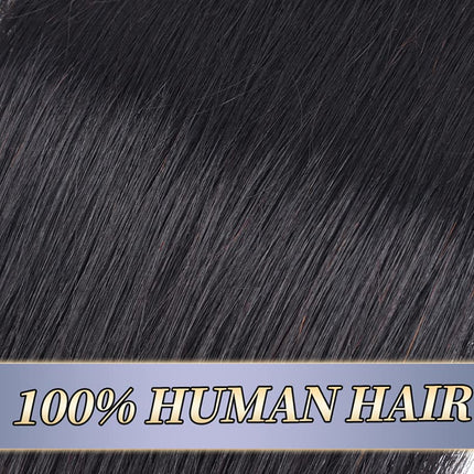 Close-up of black human hair extensions with '100% Human Hair' text.