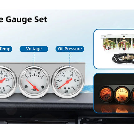 Triple gauge set with water temperature, voltage, and oil pressure indicators on a dashboard.