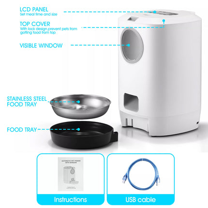White pet feeder with labeled parts on a white background