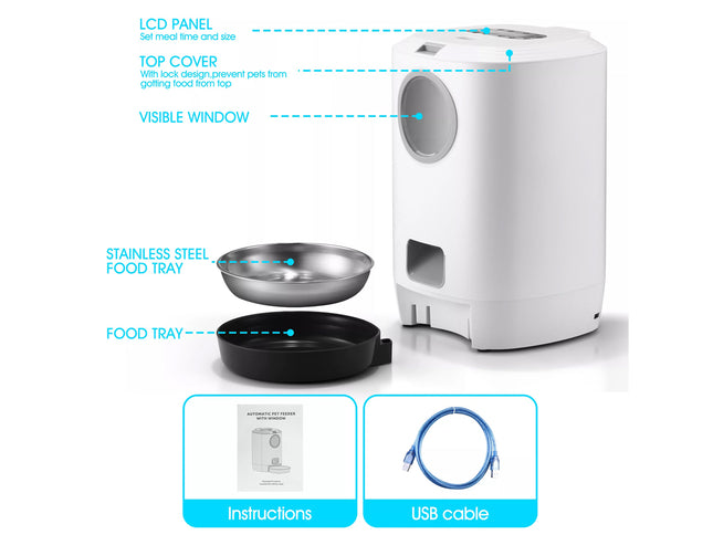White pet feeder with labeled parts on a white background